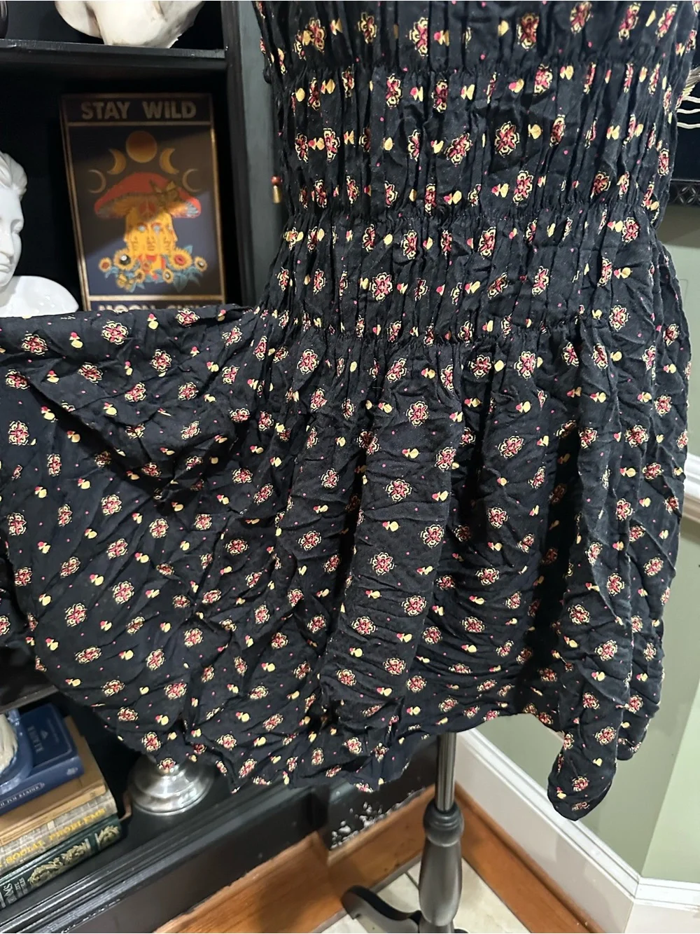 Free People “Clementina” Black Floral Smocked Dress Size Small